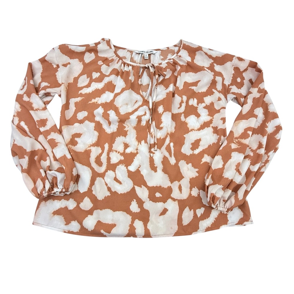 Elizabeth and James Blouse Women XS Orange Animal Print Tie Neck Long Sleeve